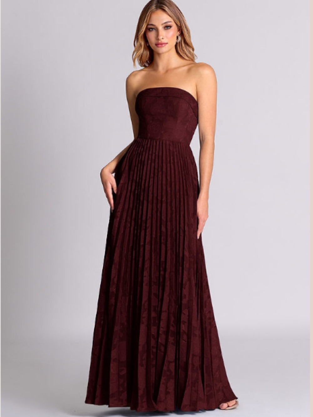 Azazie Convertible Strapless Pleated Gown in Deep Burgundy Mariana